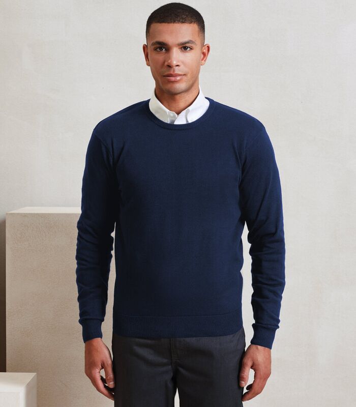 Crew neck cotton-rich knitted sweater Thumbnail