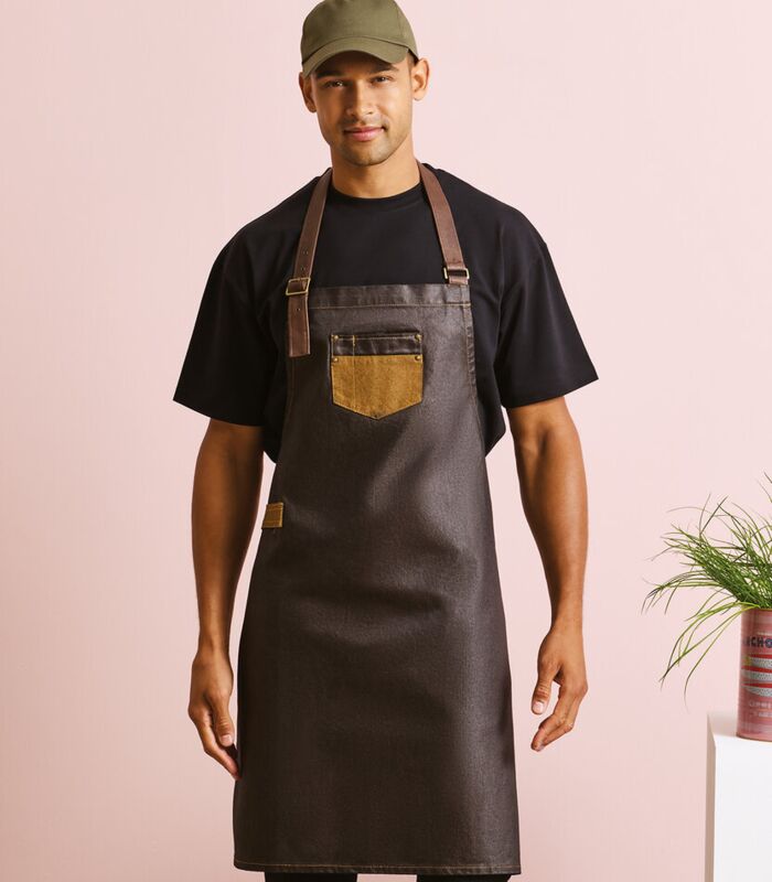 Division waxed-look denim bib apron with faux leather Thumbnail